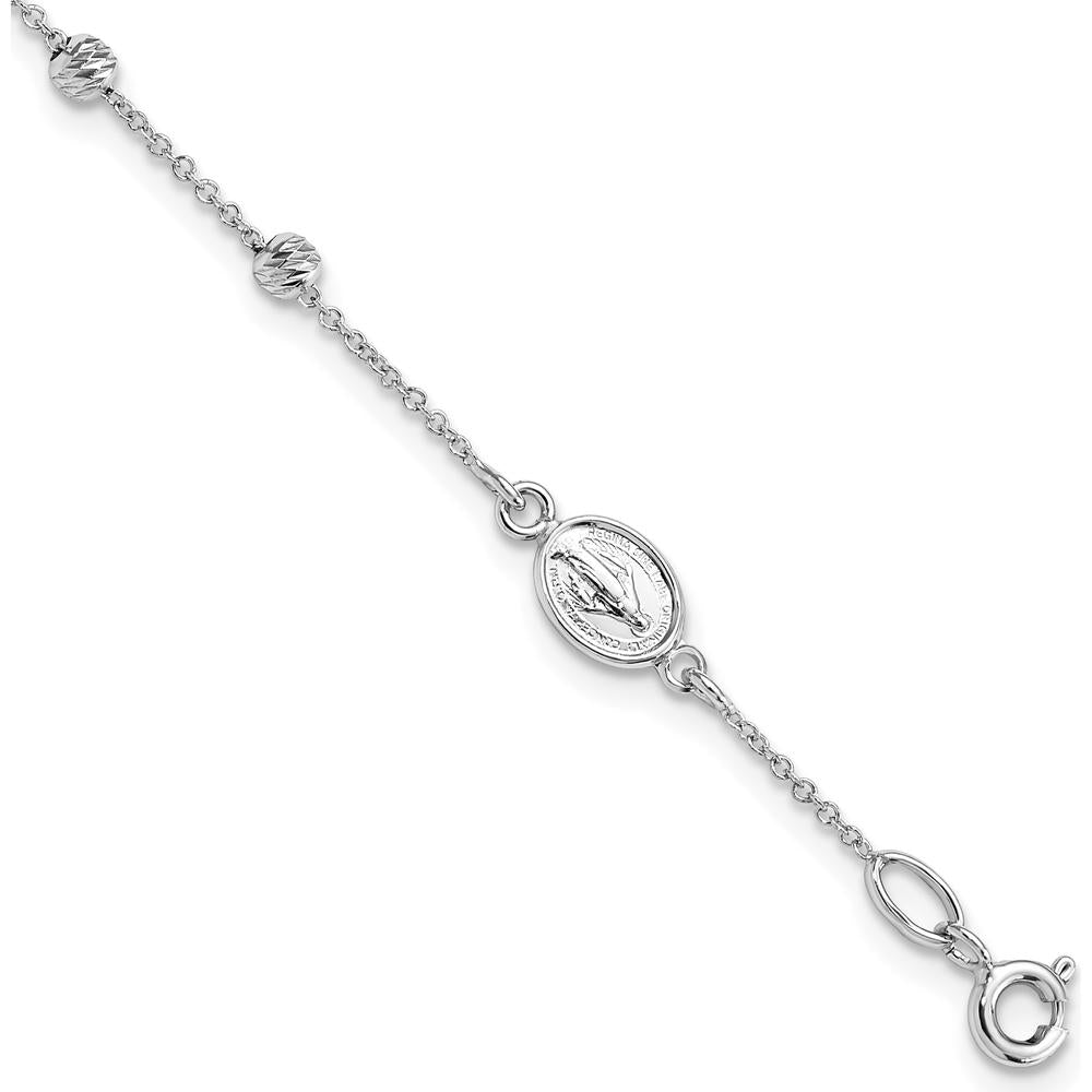 14K White Gold Child's Rosary Bracelet with Polished Cross and Miraculous Medal, Diamond-cut Beads, 6" Length with 0.75" Extender by 0