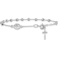 14K White Gold Child's Rosary Bracelet with Polished Cross and Miraculous Medal, Diamond-cut Beads, 6" Length with 0.75" Extender by 0