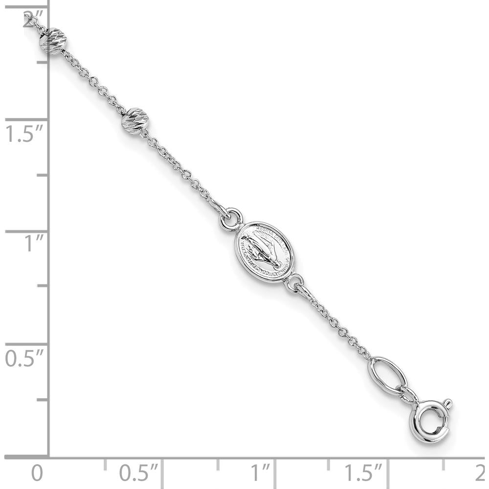 14K White Gold Child's Rosary Bracelet with Polished Cross and Miraculous Medal, Diamond-cut Beads, 6" Length with 0.75" Extender by 0