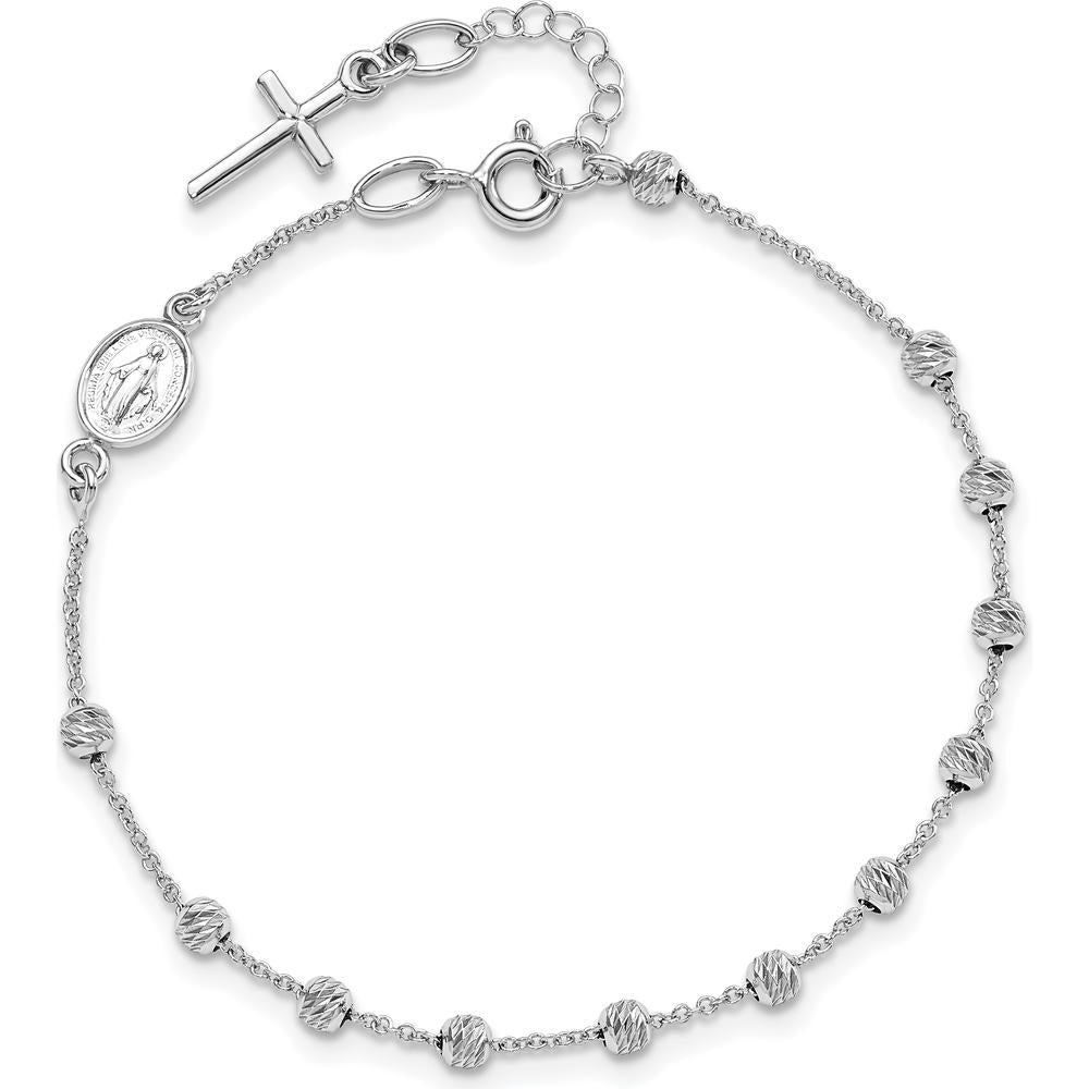 14K White Gold Child's Rosary Bracelet with Polished Cross and Miraculous Medal, Diamond-cut Beads, 6" Length with 0.75" Extender by 0