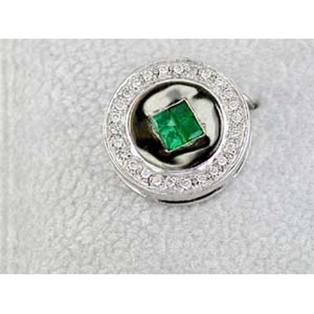 14K White Gold Circle Halo Pendant with Princess Cut Emerald and Round Diamonds - 0.29 Carat Emerald and 0.14 Carat Total Diamond Weight - Royal Jewelry