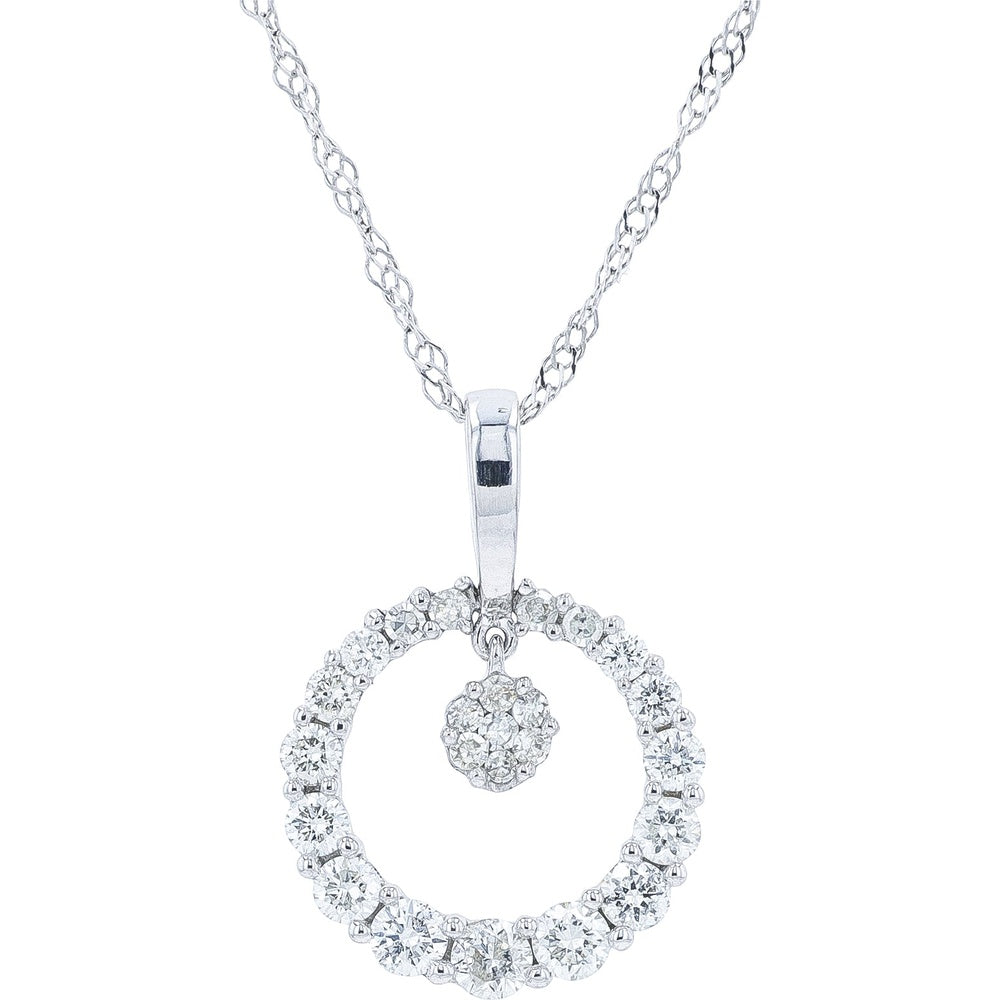 14K White Gold Circle Halo Pendant with Prong-Set Round Diamond Cluster and Outer Ring - 0.38 Carat Total Diamond Weight