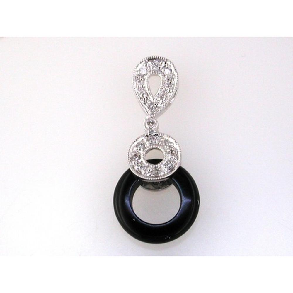 14K White Gold Circle Onyx Pendant with Round Diamond Accents and Milgrain Detail - 0.07 Carat Total Diamond Weight - Royal Jewelry