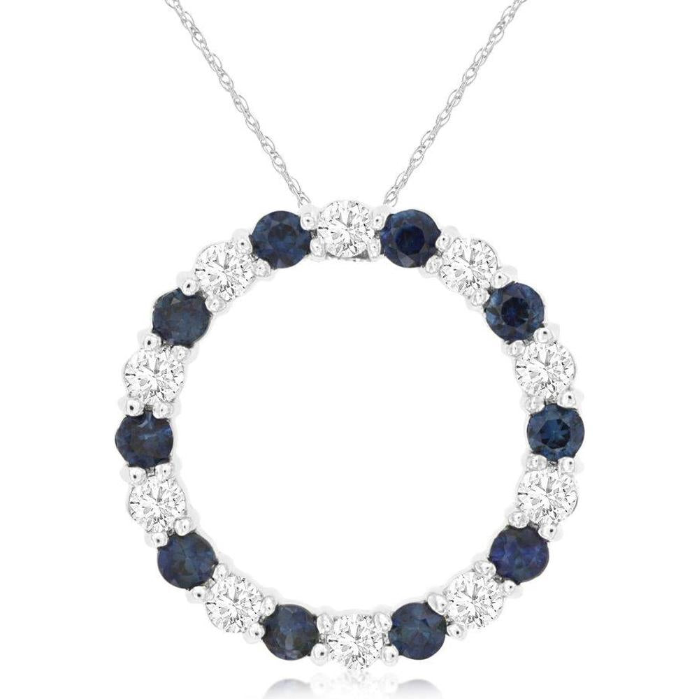 14K White Gold Circle Pendant with Alternating Round Sapphires and Round Diamonds - 1.00 Total Carat Weight (0.50 Carat Sapphire, 0.50 Carat Diamond) - Royal Jewelry
