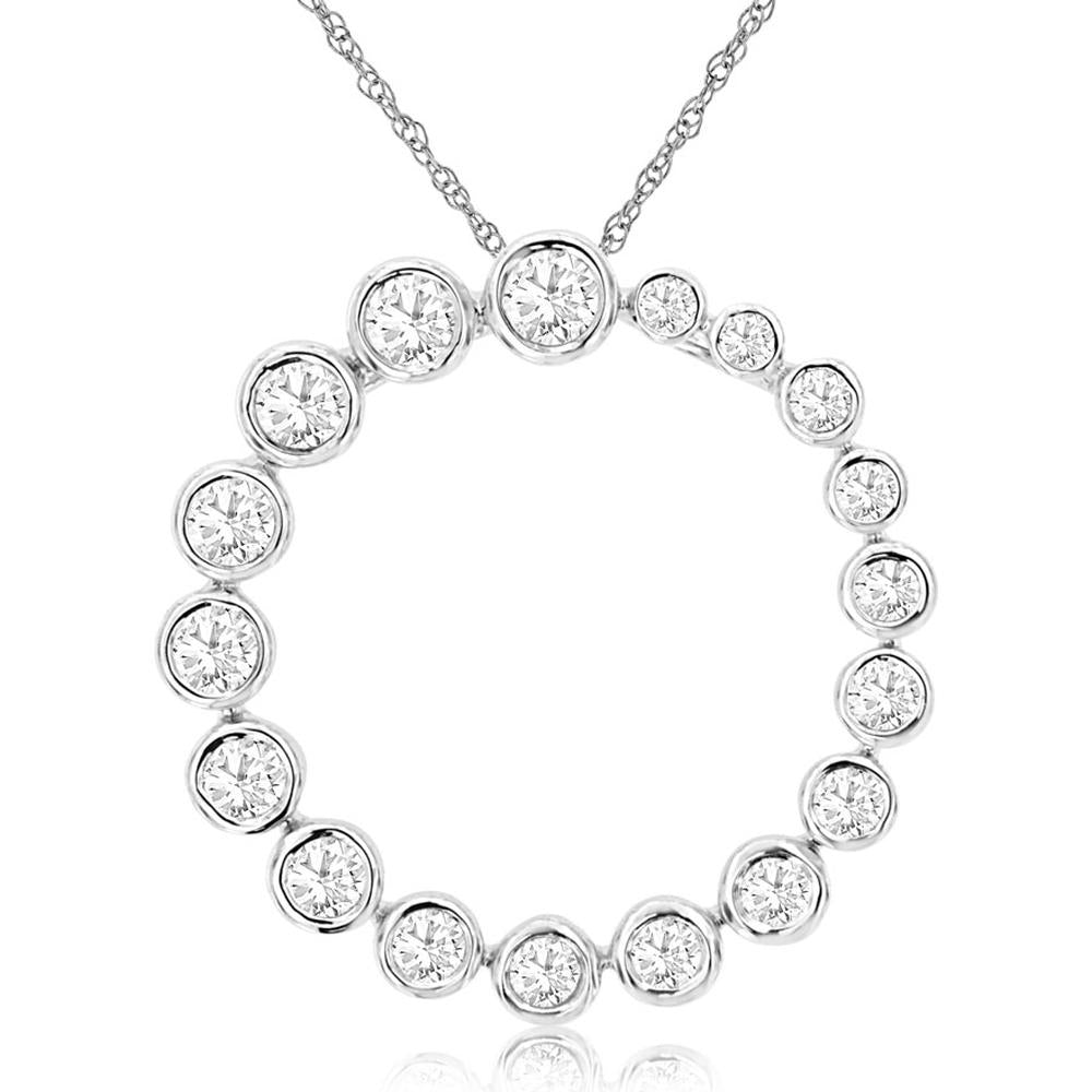 14K White Gold Circle Pendant with Graduating Bezel-Set Round Diamonds - 0.55 Carat Total Diamond Weight - Royal Jewelry