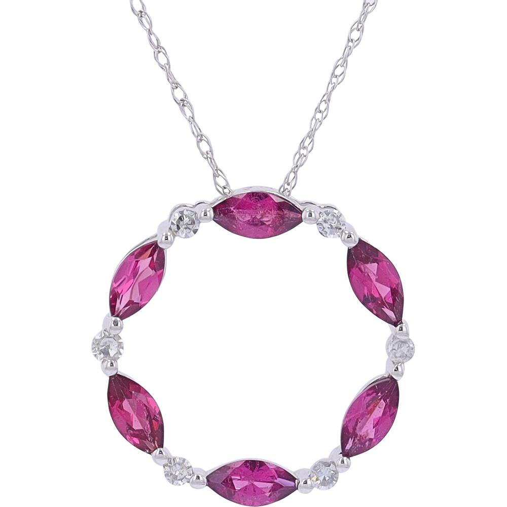 14K White Gold Circle Pendant with Marquise Rhodolite and Round Diamonds - 0.10 Carats Total Diamond Weight