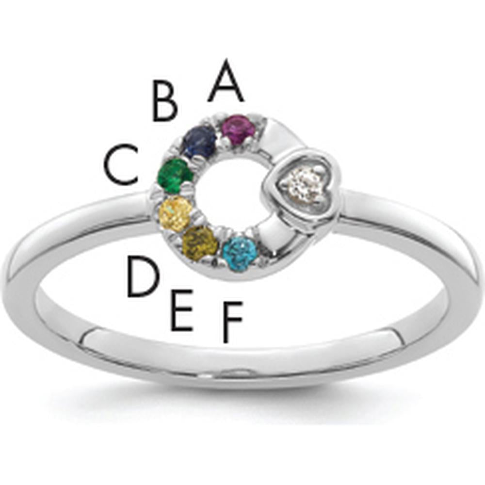 14K White Gold Circle Ring with Diamond Heart and 6 Round Birthstones - Personalized Mother's Ring by 0