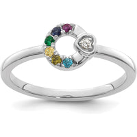 14K White Gold Circle Ring with Diamond Heart and 6 Round Birthstones - Personalized Mother's Ring by 0