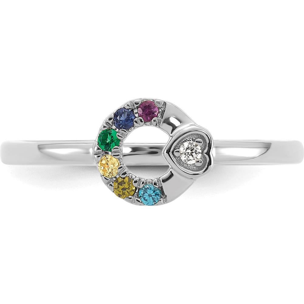 14K White Gold Circle Ring with Diamond Heart and 6 Round Birthstones - Personalized Mother's Ring by 0