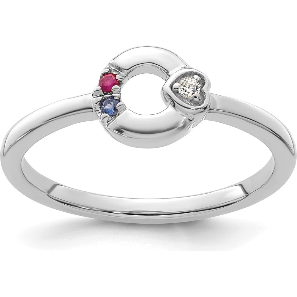 14K White Gold Circle Ring with Diamond Heart and Two Custom Birthstones - Personalized Mother's Ring by 0