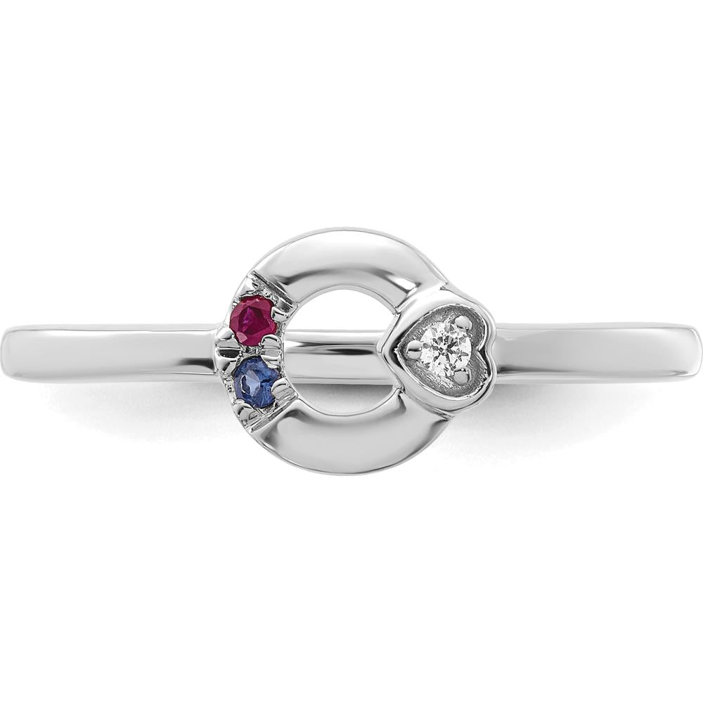 14K White Gold Circle Ring with Diamond Heart and Two Custom Birthstones - Personalized Mother's Ring by 0