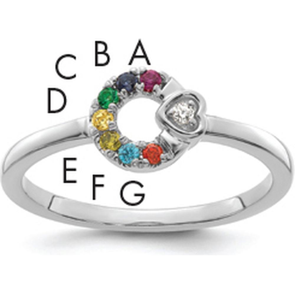 14K White Gold Circle Ring with Heart Diamond and 7 Round Birthstones - Multicolor Gemstone Semi-Mount by 0