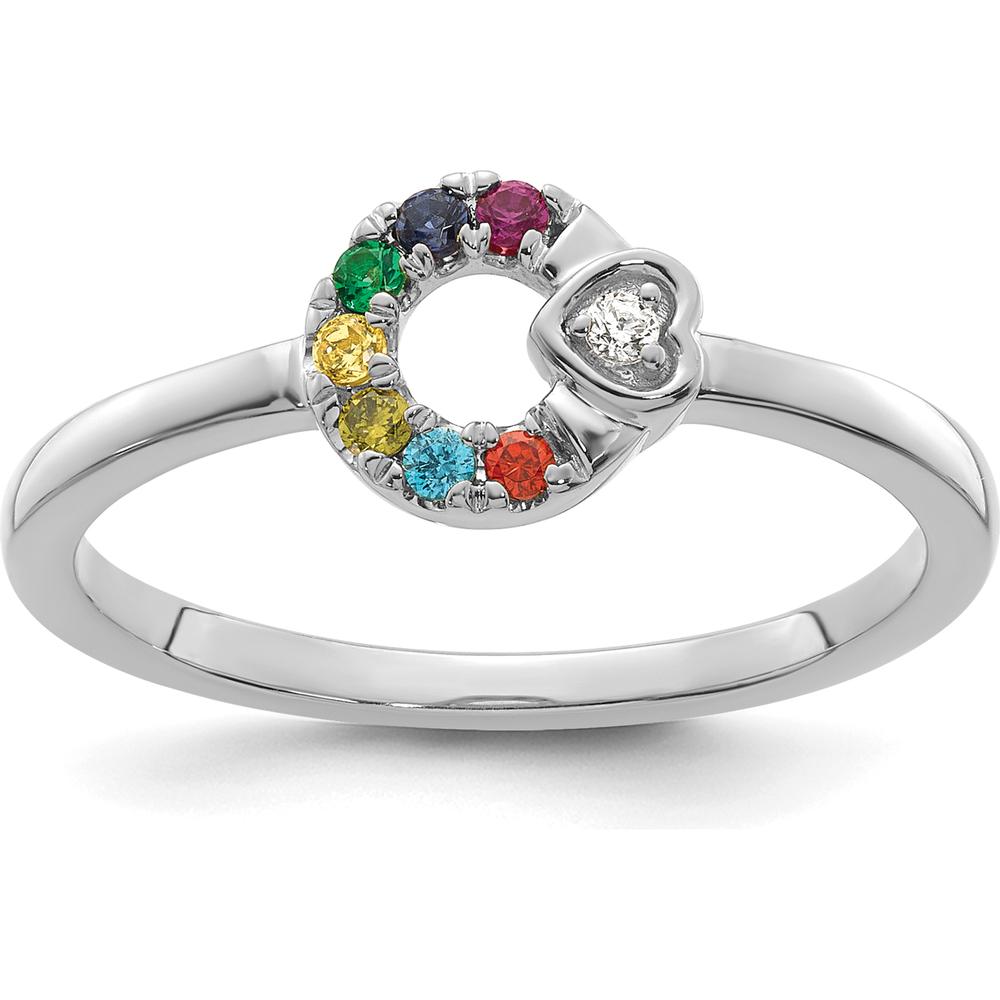 14K White Gold Circle Ring with Heart Diamond and 7 Round Birthstones - Multicolor Gemstone Semi-Mount by 0