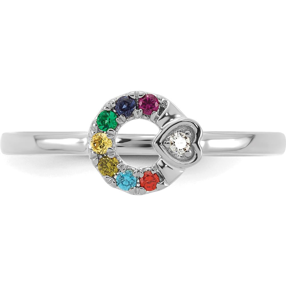 14K White Gold Circle Ring with Heart Diamond and 7 Round Birthstones - Multicolor Gemstone Semi-Mount by 0