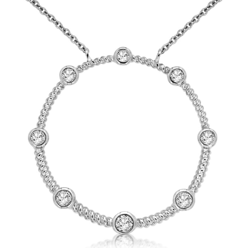 14K White Gold Circular Pendant Necklace with Bezel Set Round Diamonds - 0.25 Carat Total Diamond Weight - Royal Jewelry