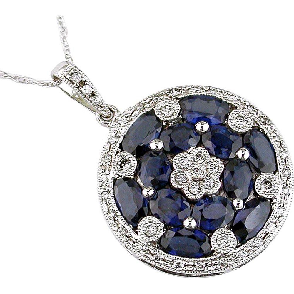 14K White Gold Circular Pendant with Floral Diamond Center and Oval Blue Sapphire Halo - 3.25 Carat Sapphire, 0.25 Carat Diamond - Royal Jewelry