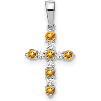 14K White Gold Citrine and Diamond Cross Pendant with Rhodium Plating by Oro Pregiato