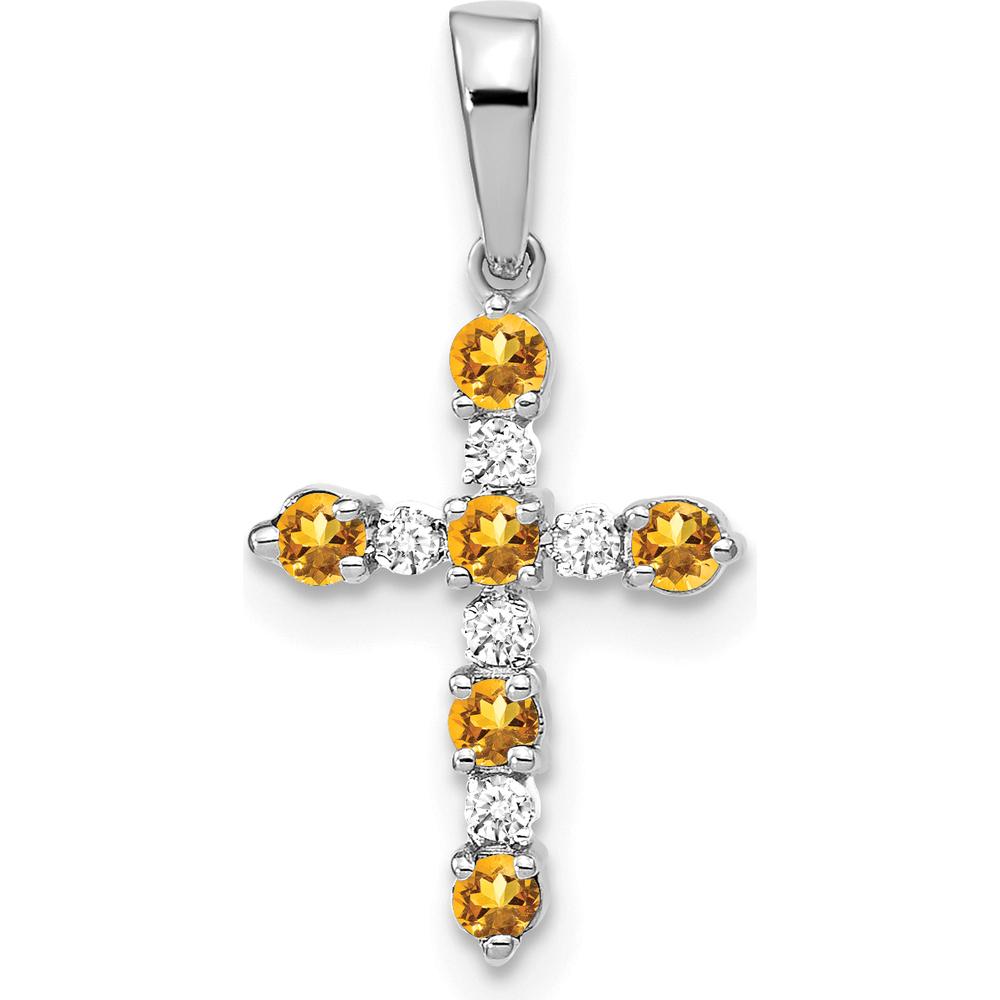 14K White Gold Citrine and Diamond Cross Pendant with Rhodium Plating by Oro Pregiato