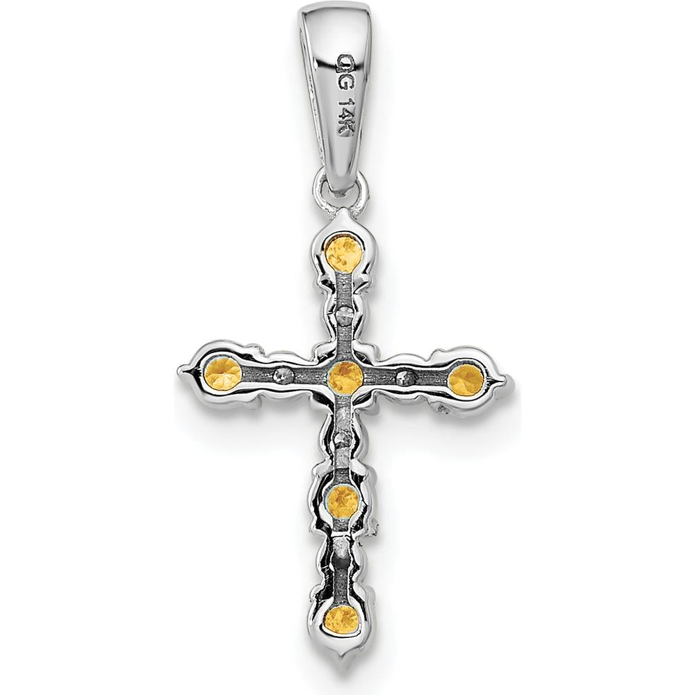 14K White Gold Citrine and Diamond Cross Pendant with Rhodium Plating by Oro Pregiato