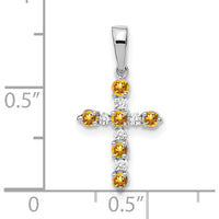 14K White Gold Citrine and Diamond Cross Pendant with Rhodium Plating by Oro Pregiato