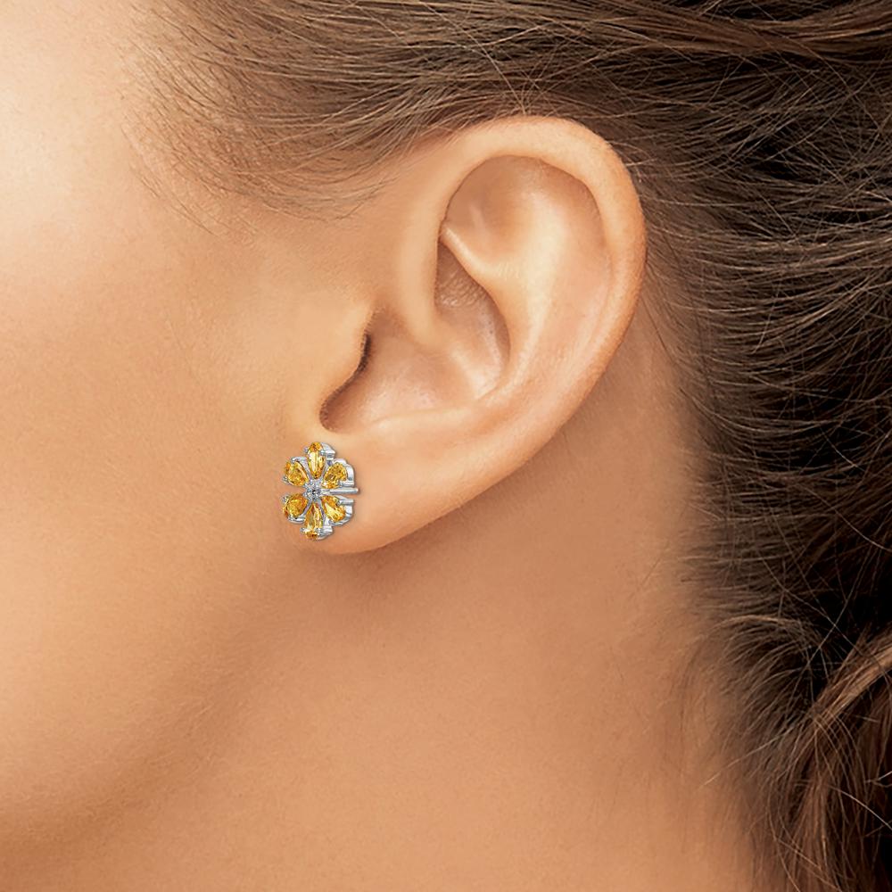 14K White Gold Citrine and Diamond Flower Earrings - 0.372 Carat Total Citrine Weight, 0.03 Carat Total Diamond Weight by Monteluci Fine Jewelry