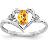 14K White Gold Citrine and Diamond Heart Ring with Oval Citrine - 0.48 Carat Total Weight by Oro Pregiato