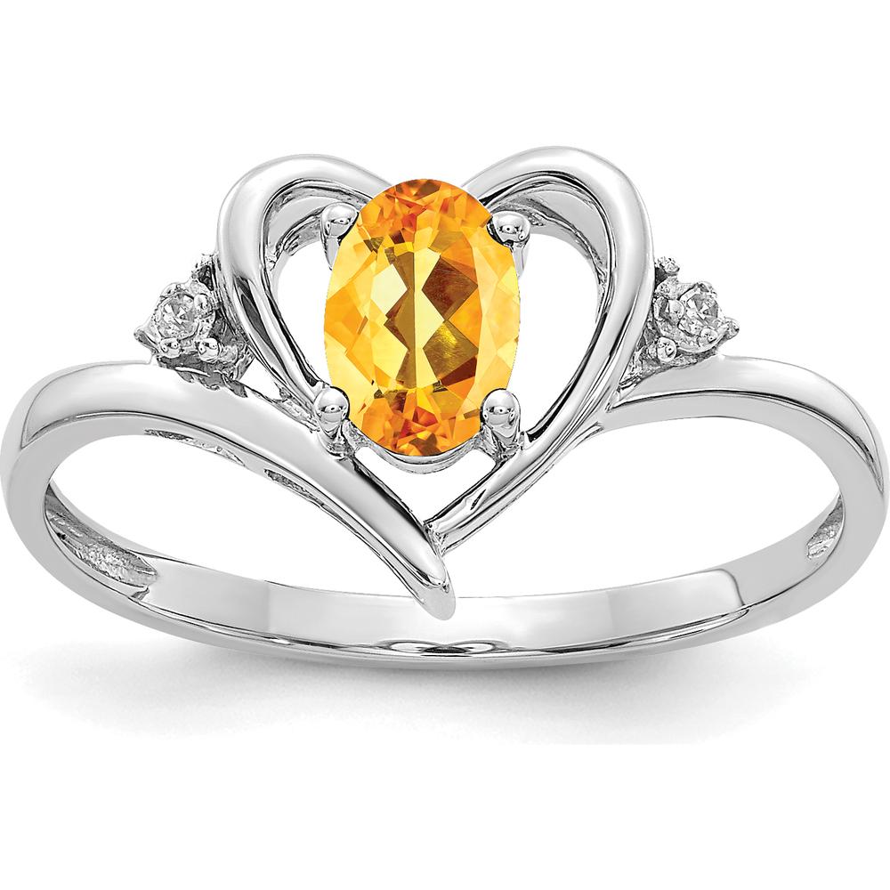 14K White Gold Citrine and Diamond Heart Ring with Oval Citrine - 0.48 Carat Total Weight by Oro Pregiato