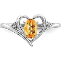 14K White Gold Citrine and Diamond Heart Ring with Oval Citrine - 0.48 Carat Total Weight by Oro Pregiato