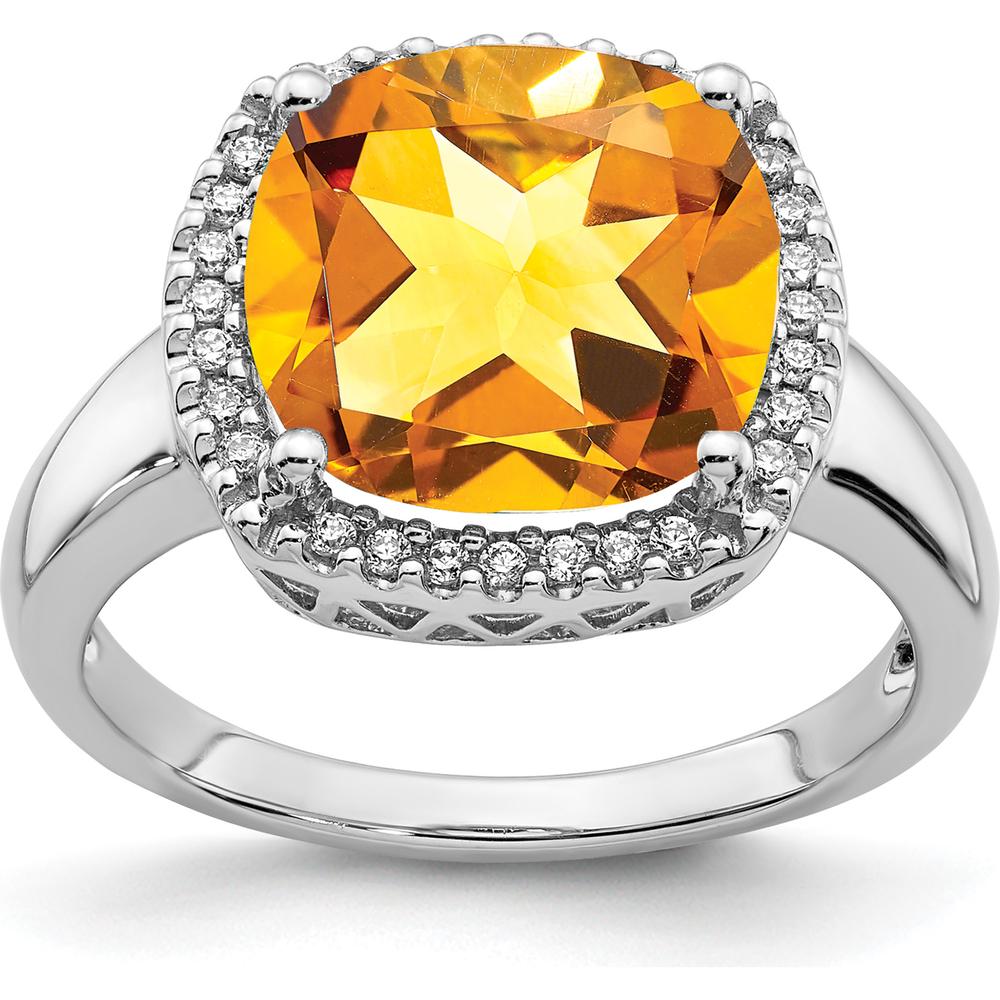 14K White Gold Citrine Cushion Cut Ring with Diamond Halo - 3.865 Carat Citrine and 0.005 Carat Diamond Weight by 0