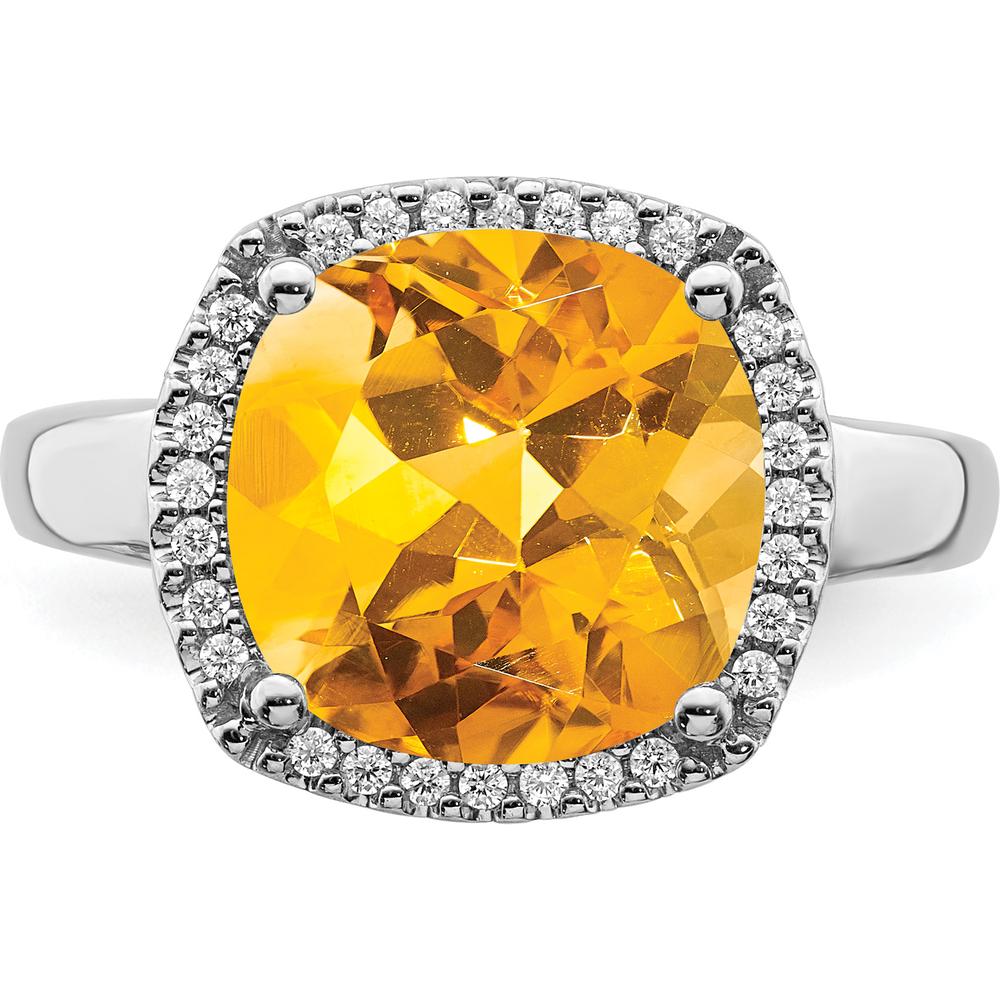 14K White Gold Citrine Cushion Cut Ring with Diamond Halo - 3.865 Carat Citrine and 0.005 Carat Diamond Weight by 0