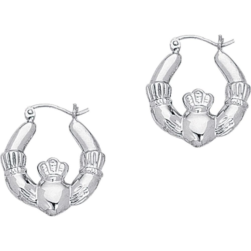 14K White Gold Claddagh Back to Back Hoop Earrings with Polished Finish - Symbol of Love, Loyalty, and Friendship by Orozza Fine Jewelry