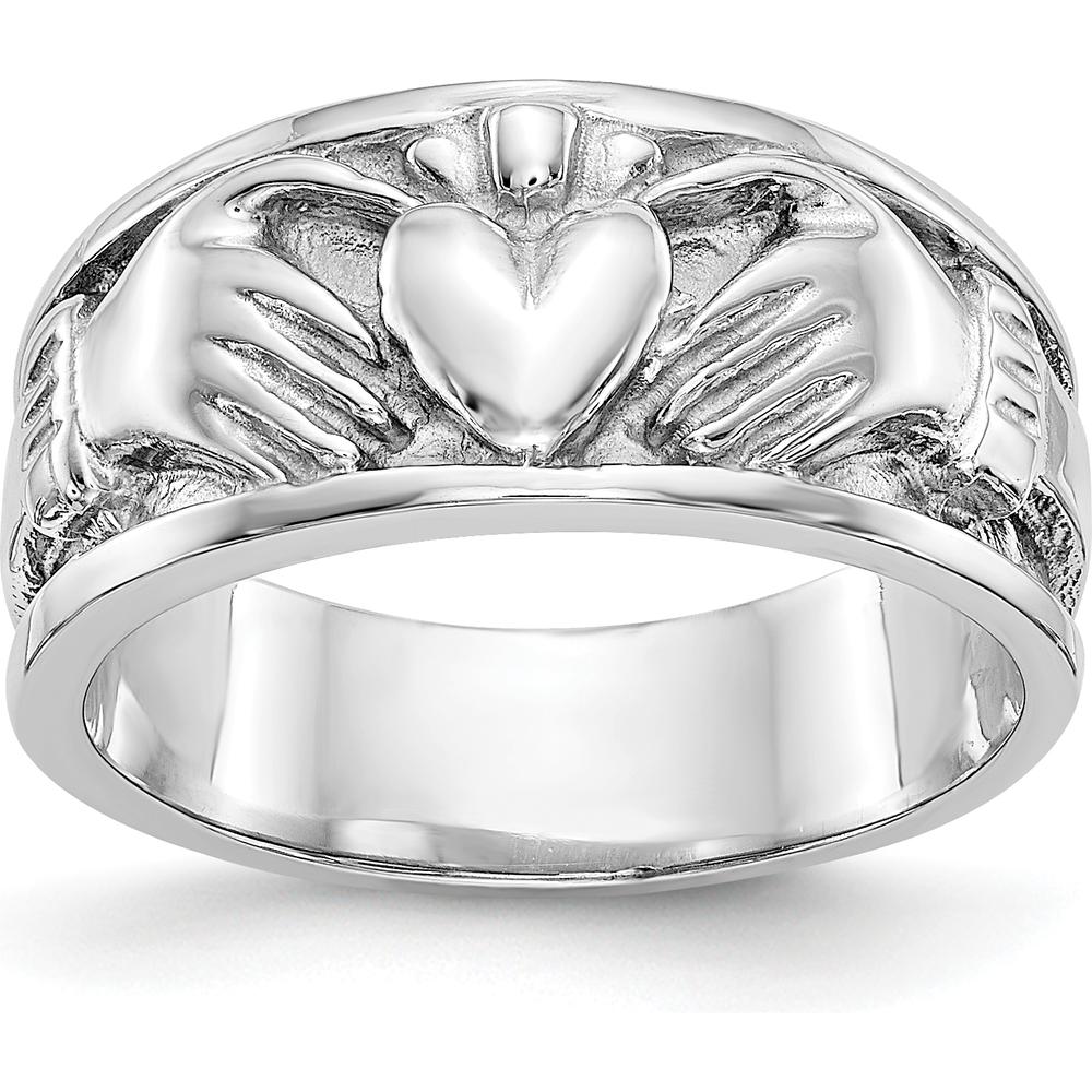 14K White Gold Claddagh Band with Satin Finish and Rhodium Plating by Oro Pregiato