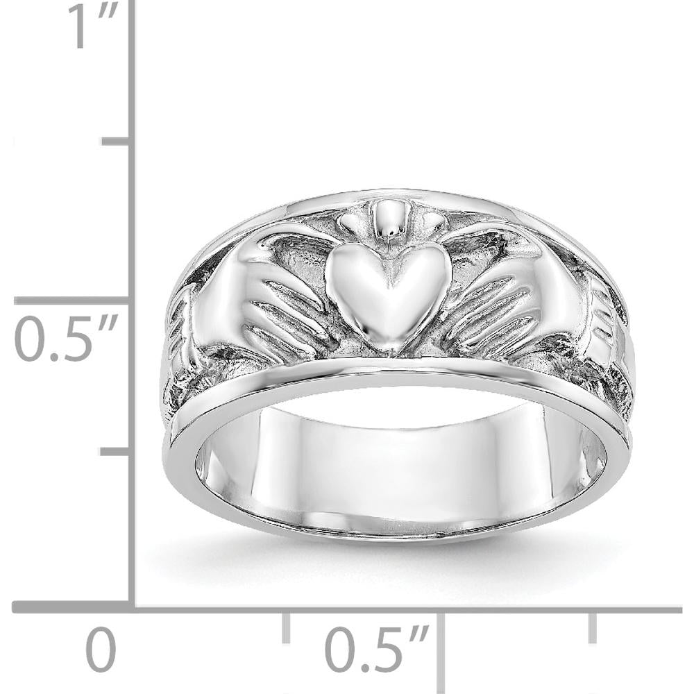 14K White Gold Claddagh Band with Satin Finish and Rhodium Plating by Oro Pregiato