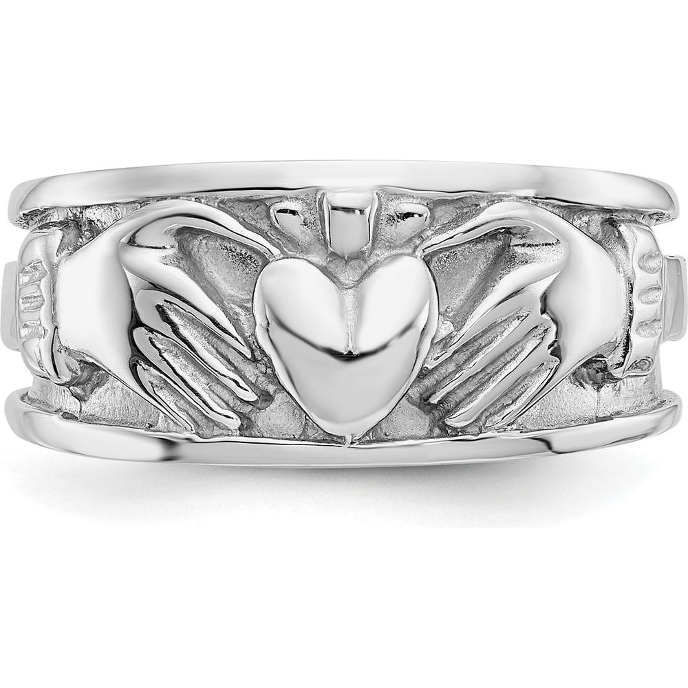 14K White Gold Claddagh Band with Satin Finish and Rhodium Plating by Oro Pregiato