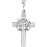 14K White Gold Claddagh Cross Pendant with Satin Finish and Rhodium Plating by Oro Pregiato