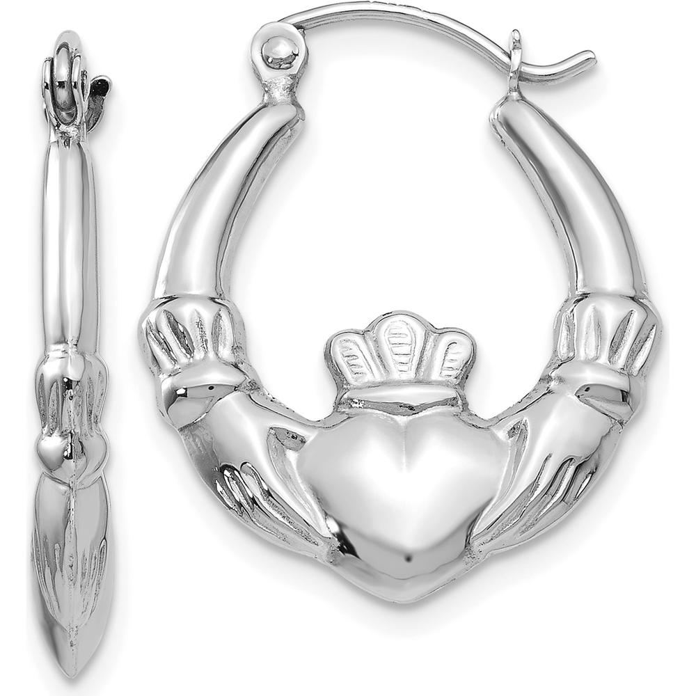 14K White Gold Claddagh Hoop Earrings - 12mm Length, Polished Finish by 0