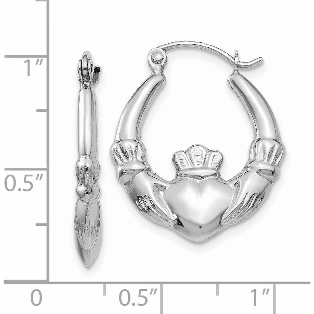 14K White Gold Claddagh Hoop Earrings - 12mm Length, Polished Finish by 0