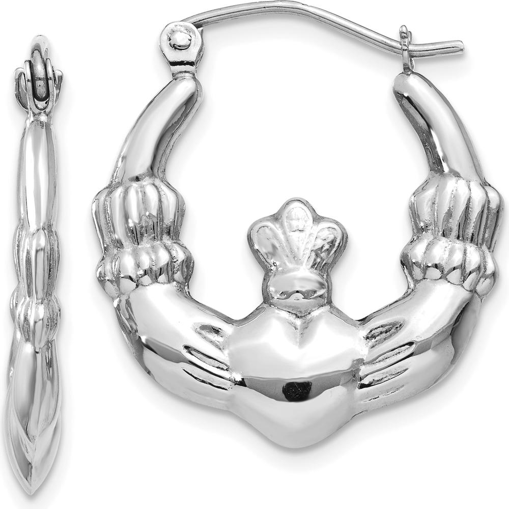 14K White Gold Claddagh Hoop Earrings - Rhodium Plated Polished Finish by 0