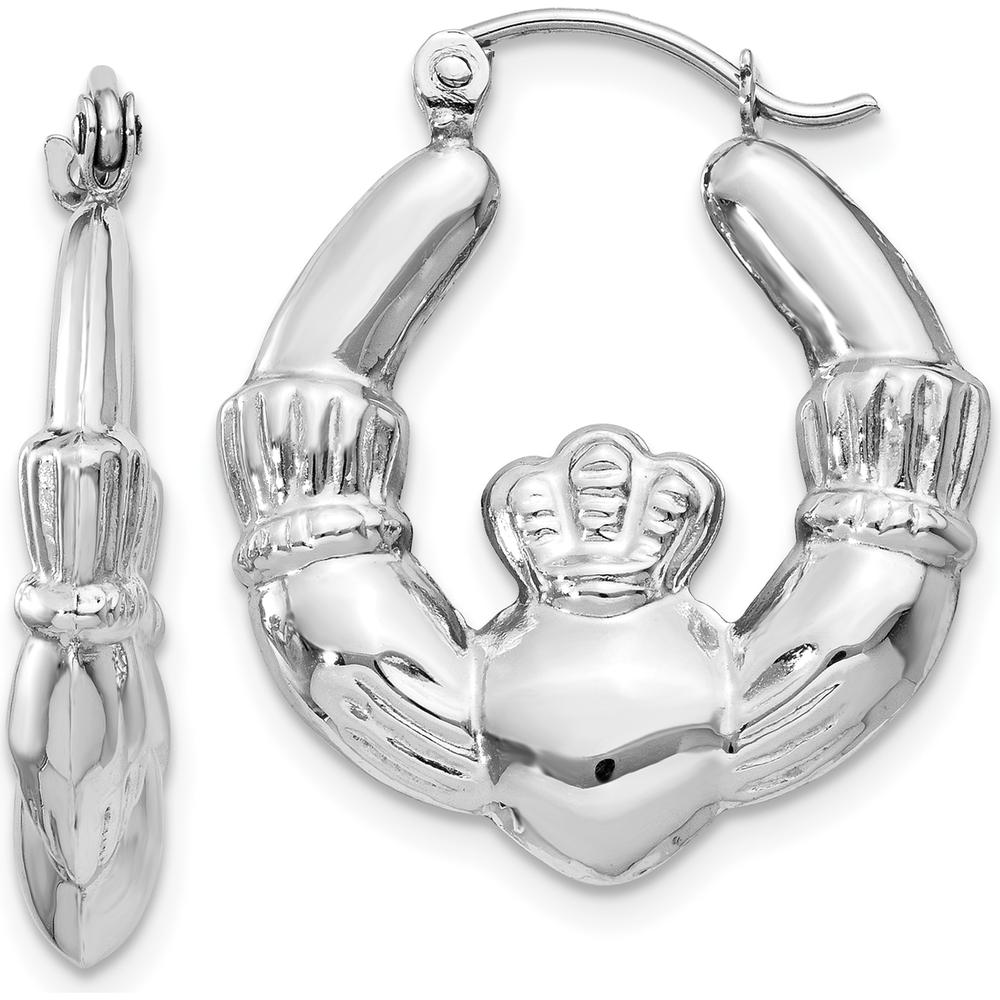 14K White Gold Claddagh Hoop Earrings with Polished Finish and Rhodium Plating by 0