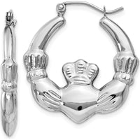 14K White Gold Claddagh Hoop Earrings with Rhodium Plating - 16mm Length by 0
