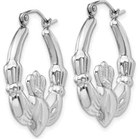 14K White Gold Claddagh Hoop Earrings with Rhodium Plating - 16mm Length by 0