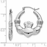 14K White Gold Claddagh Hoop Earrings with Rhodium Plating - 16mm Length by 0