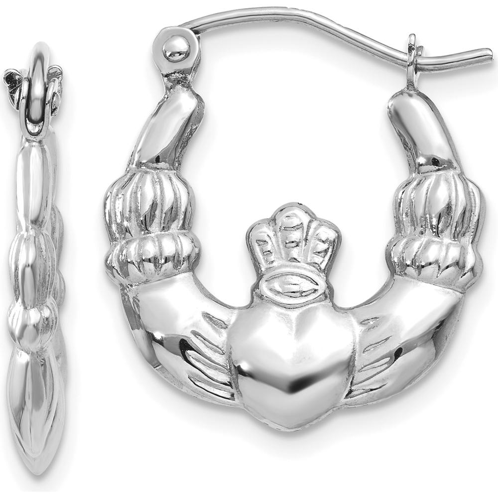 14K White Gold Claddagh Hoop Earrings with Rhodium Plating - Elegant Heart Design by 0