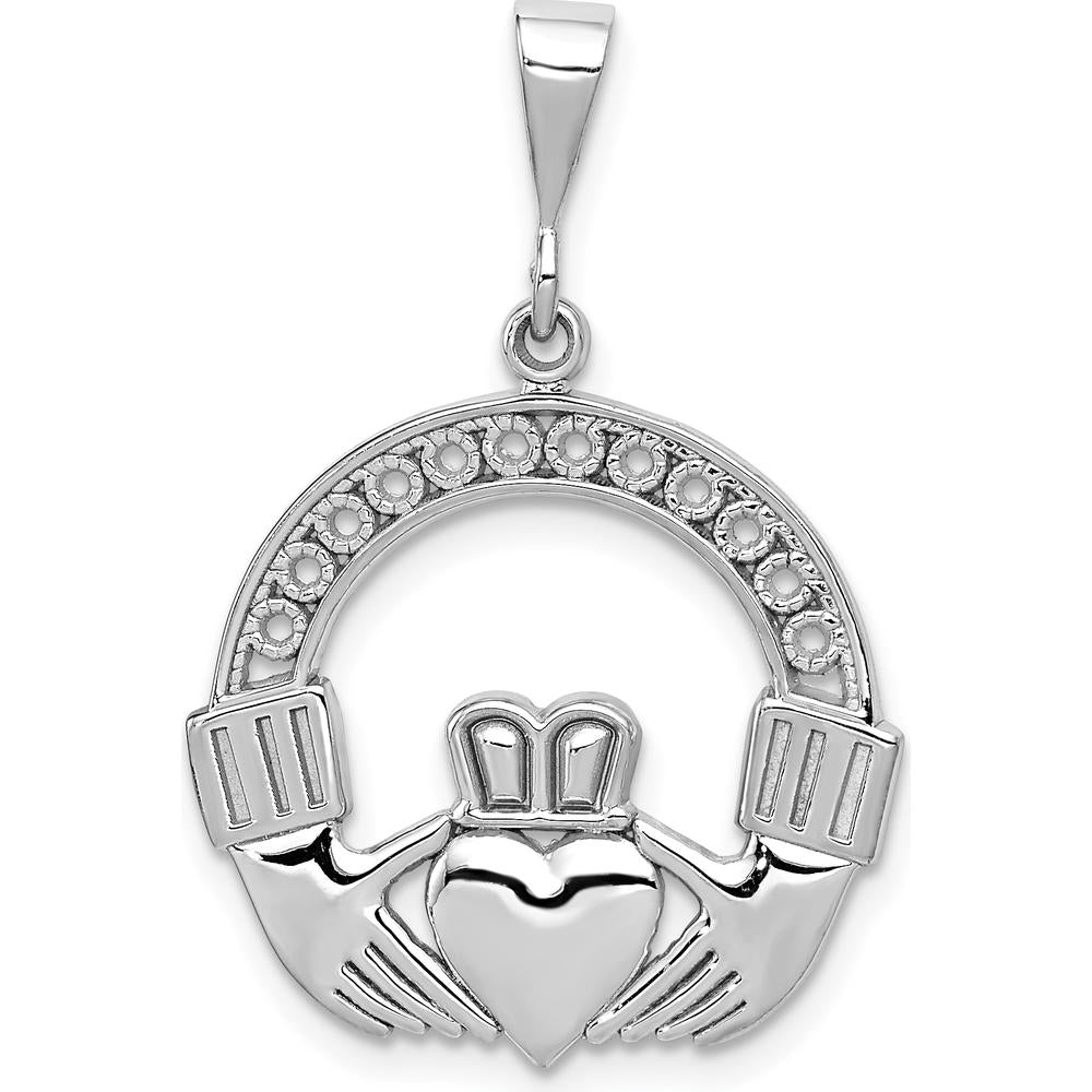 14K White Gold Claddagh Pendant with Textured Design and Polished Finish - 33mm Length by Oro Pregiato