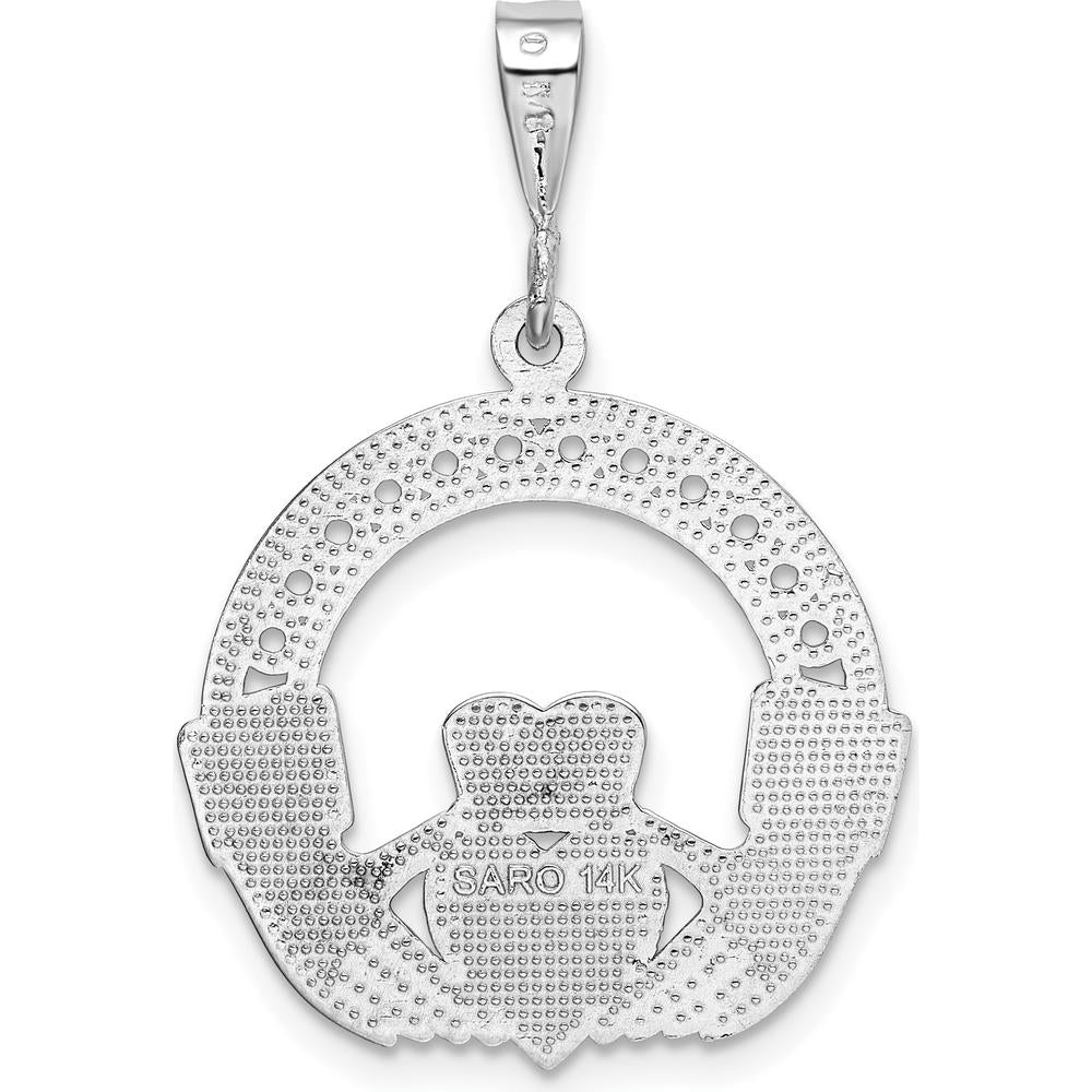 14K White Gold Claddagh Pendant with Textured Design and Polished Finish - 33mm Length by Oro Pregiato