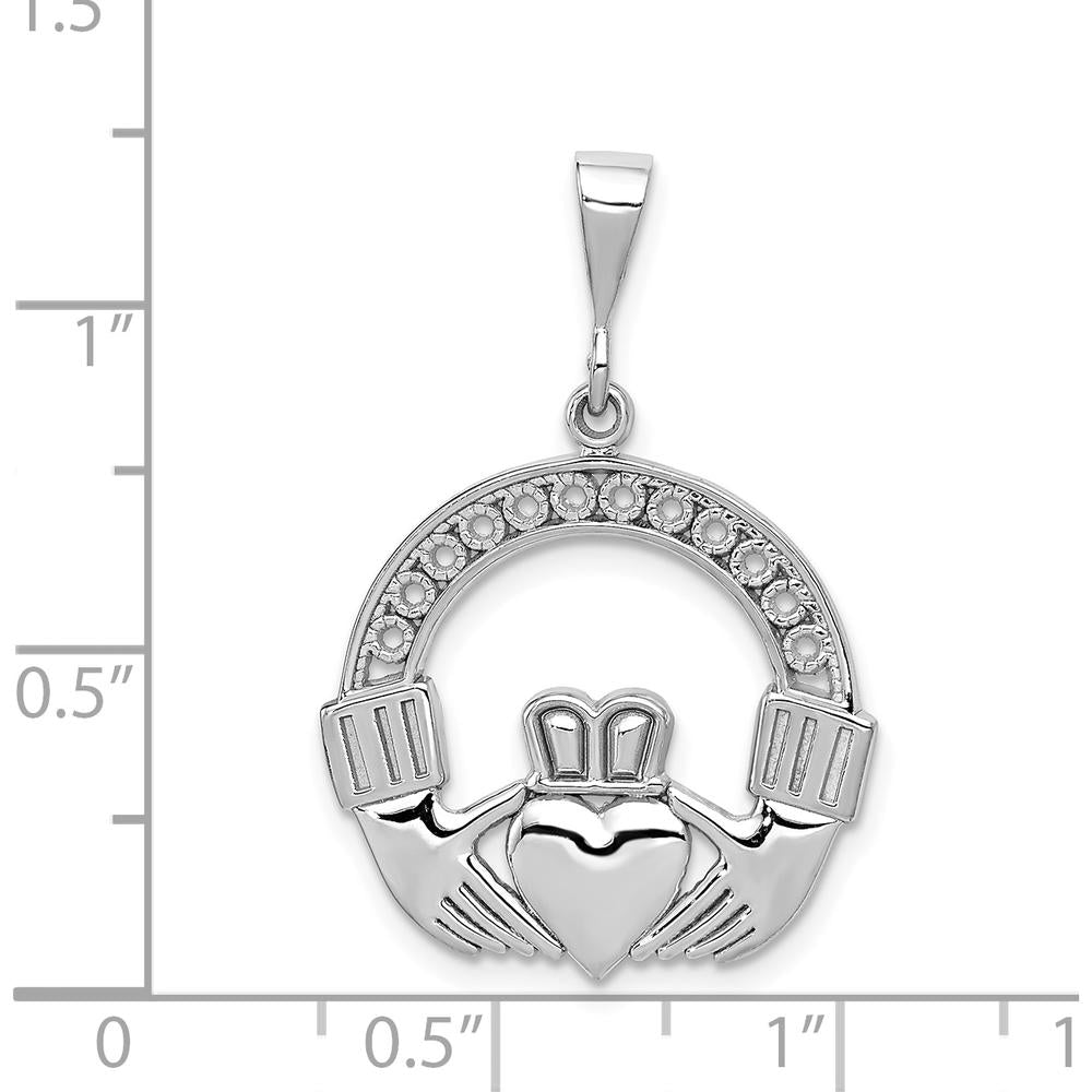 14K White Gold Claddagh Pendant with Textured Design and Polished Finish - 33mm Length by Oro Pregiato