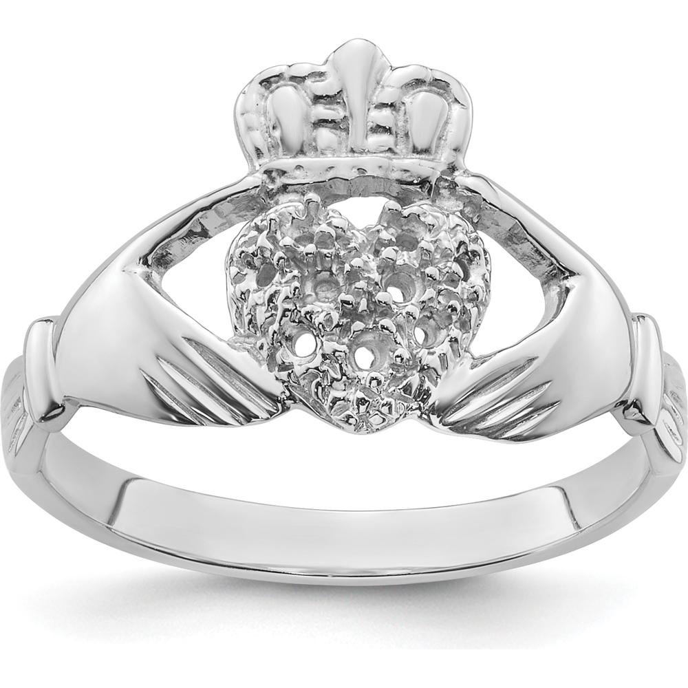 14K White Gold Claddagh Ring Mounting - Rhodium-Plated Heart and Crown Design by Oro Pregiato