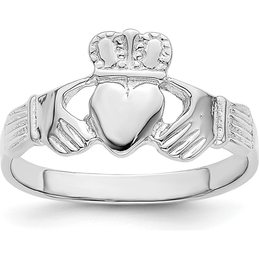 14K White Gold Claddagh Ring with Polished Finish and Rhodium Plating by 0