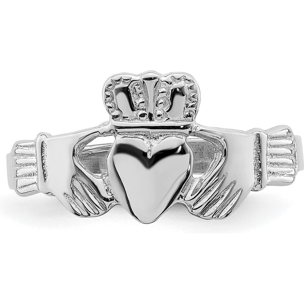 14K White Gold Claddagh Ring with Polished Finish and Rhodium Plating by 0
