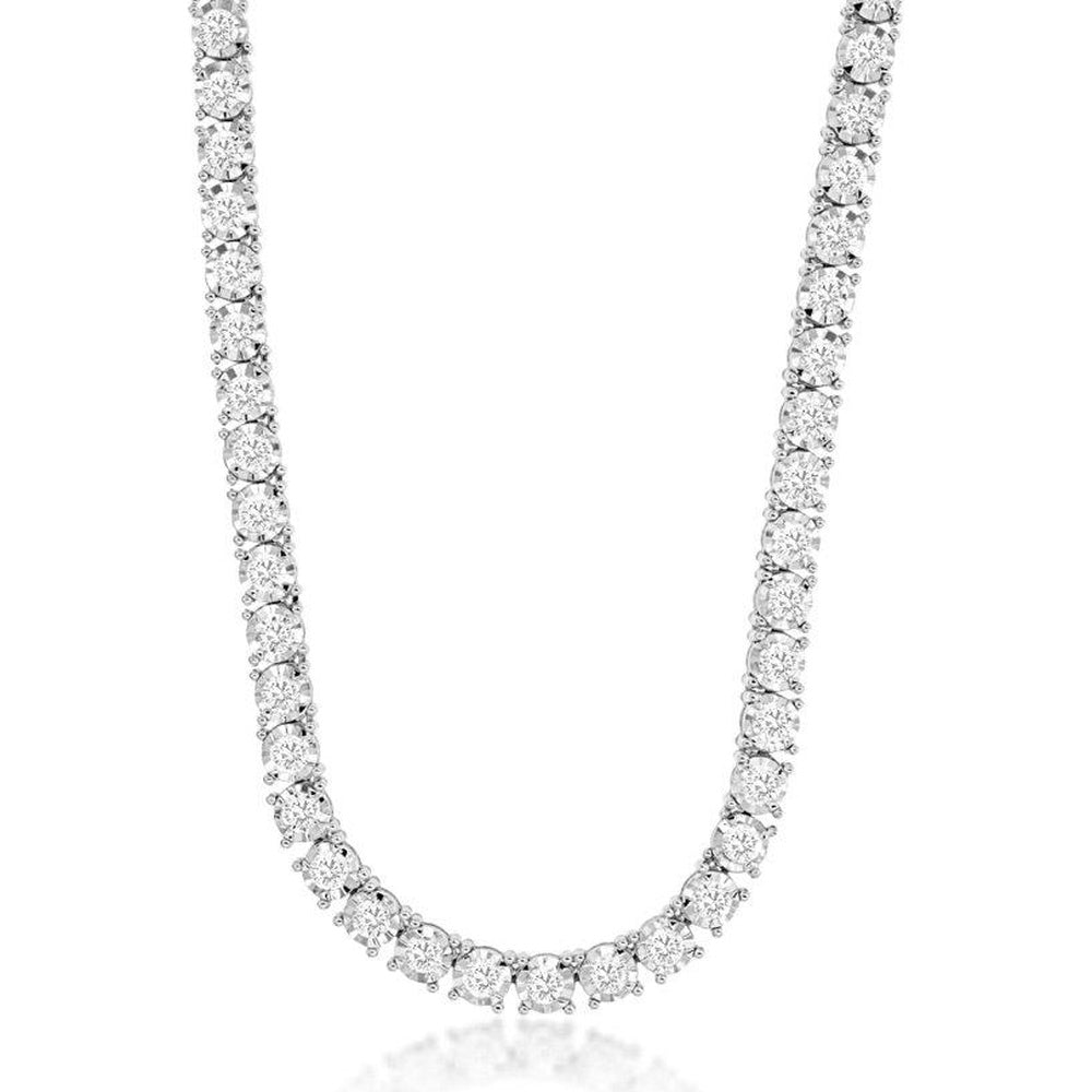 14K White Gold Classic Tennis Necklace with 5 Carat Prong-Set Round Diamonds - Royal Jewelry